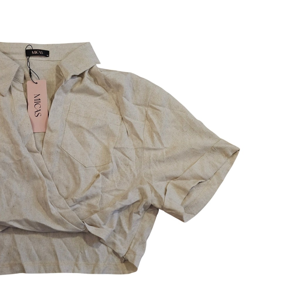 Micas Oatmeal Linen Look Cropped Wrap Blouse Short Sleeve Collared Top XL NWT - Picture 5 of 7